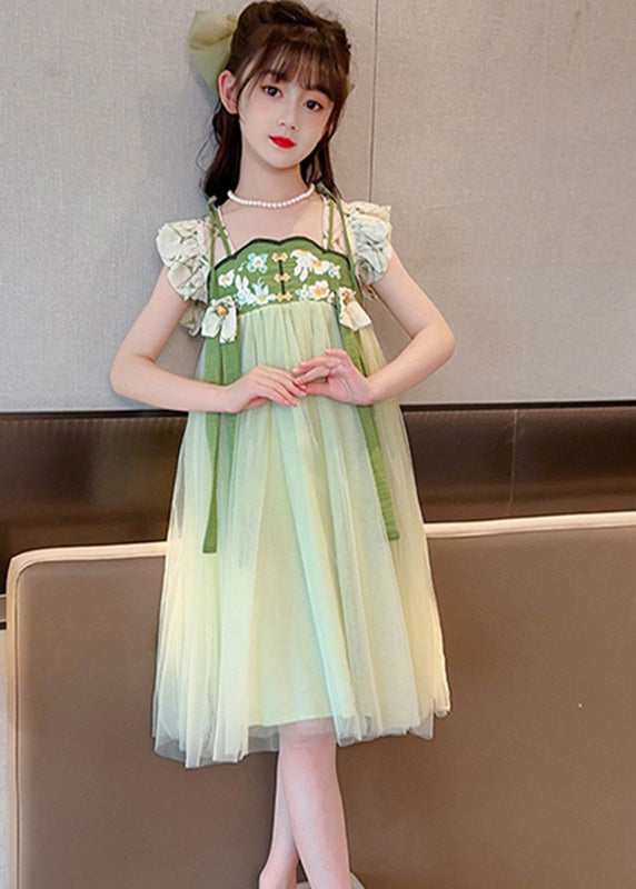 Art Light Green Embroidered Tassel Tulle Kids Maxi Dress Short Sleeve Gf005