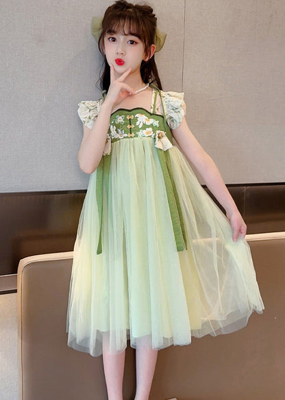Art Light Green Embroidered Tassel Tulle Kids Maxi Dress Short Sleeve Gf005