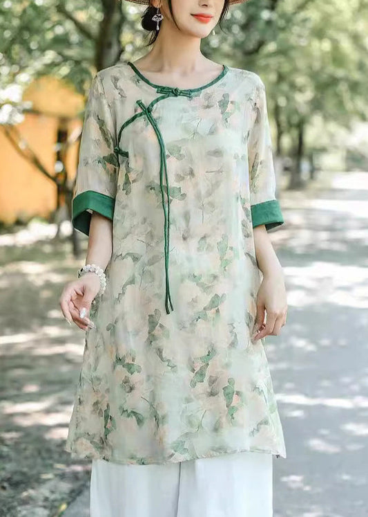 Art Light Green O Neck Button Print Linen Blouse Half Sleeve Jh002