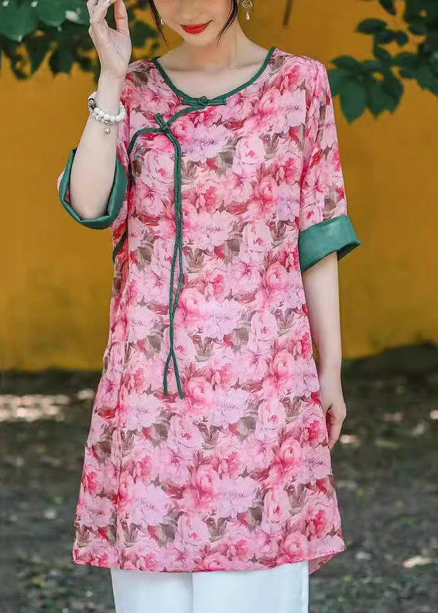 Art Light Green O Neck Button Print Linen Blouse Half Sleeve Jh002