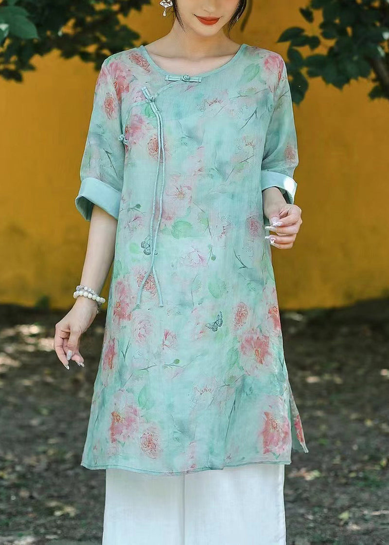 Art Light Green O Neck Button Print Linen Blouse Half Sleeve Jh002