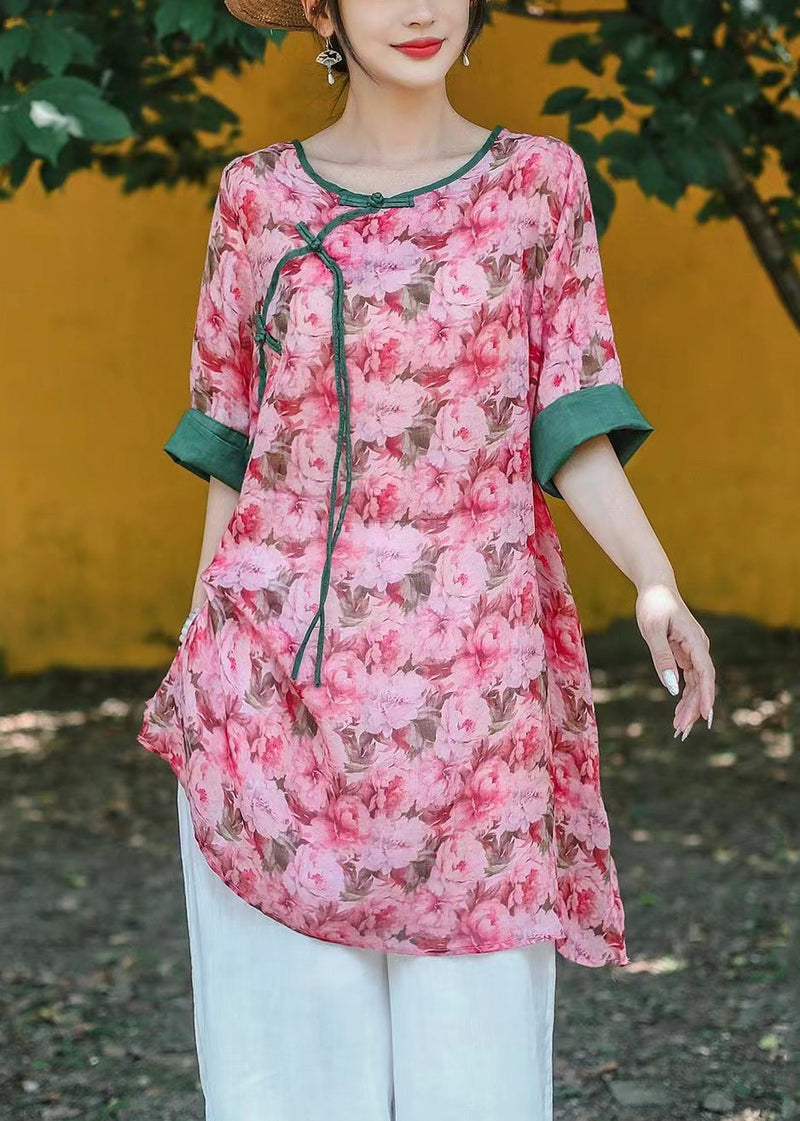 Art Light Green O Neck Button Print Linen Blouse Half Sleeve Jh002