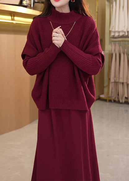 Art Mulberry Turtleneck Cotton Knit Top and Wide Leg Pants Two Piece Set Winter Rf044