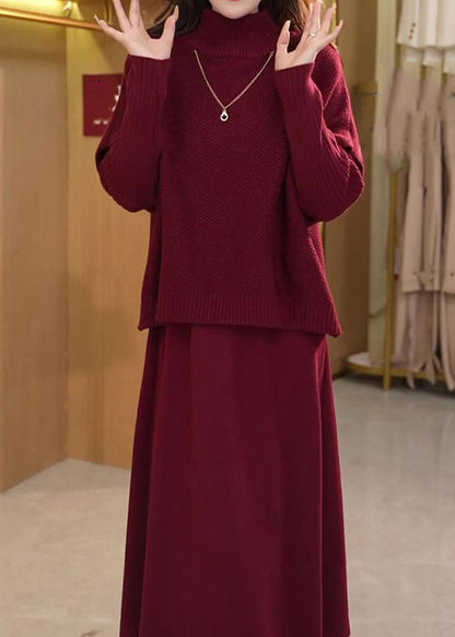 Art Mulberry Turtleneck Cotton Knit Top and Wide Leg Pants Two Piece Set Winter Rf044