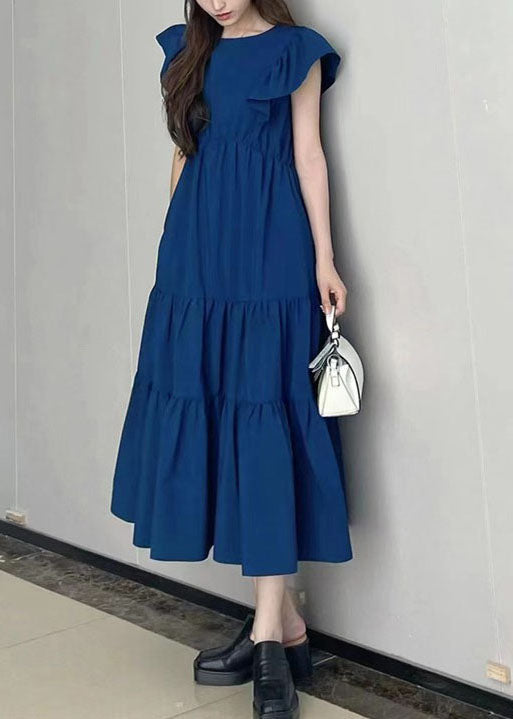 Art Navy Slim Fit Patchwork Wrinkled Cotton Long Dress Petal Sleeve Ly1348