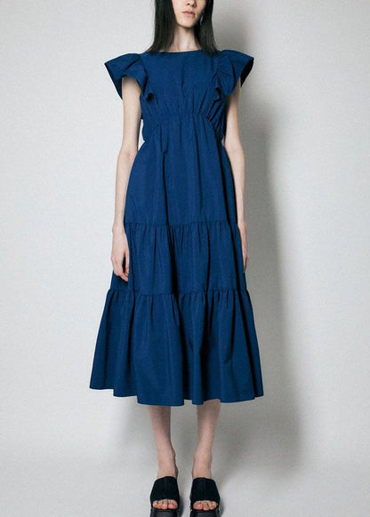 Art Navy Slim Fit Patchwork Wrinkled Cotton Long Dress Petal Sleeve Ly1348