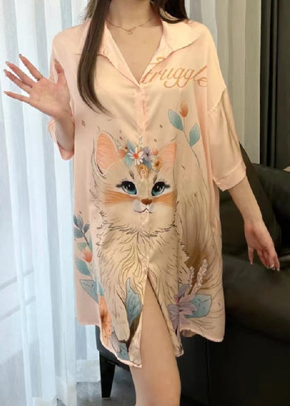 Art Orange Peter Pan Collar Print Ice Silk Pajamas Blouses Dress Spring Yk013