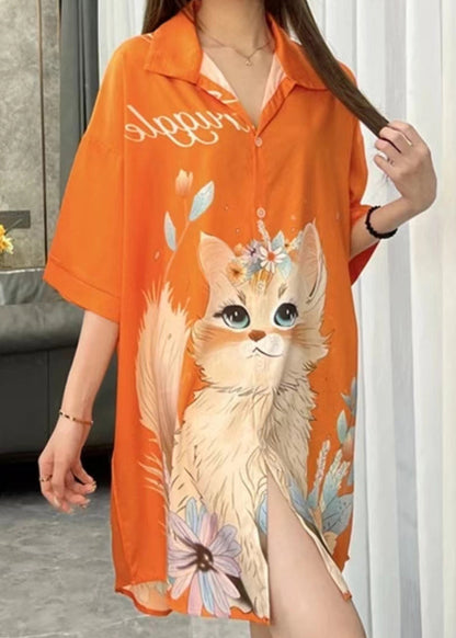 Art Orange Peter Pan Collar Print Ice Silk Pajamas Blouses Dress Spring Yk013