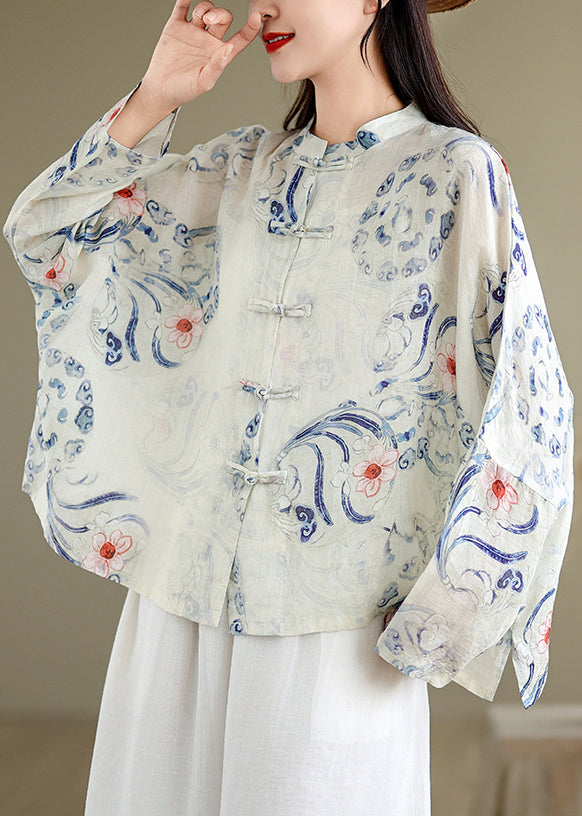 Art Oversized Print Chinese Button Linen Blouses Spring Tm028