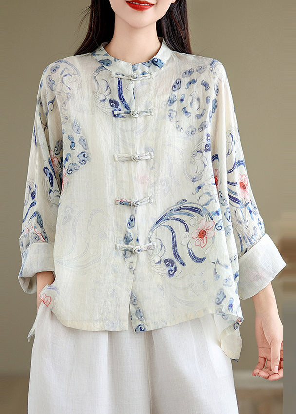Art Oversized Print Chinese Button Linen Blouses Spring Tm028
