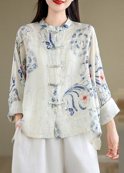 Art Oversized Print Chinese Button Linen Blouses Spring Tm028