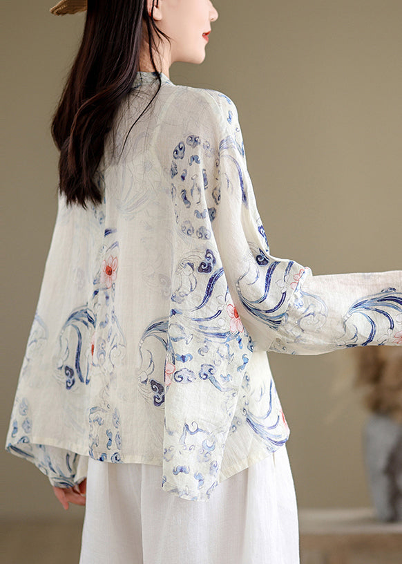 Art Oversized Print Chinese Button Linen Blouses Spring Tm028