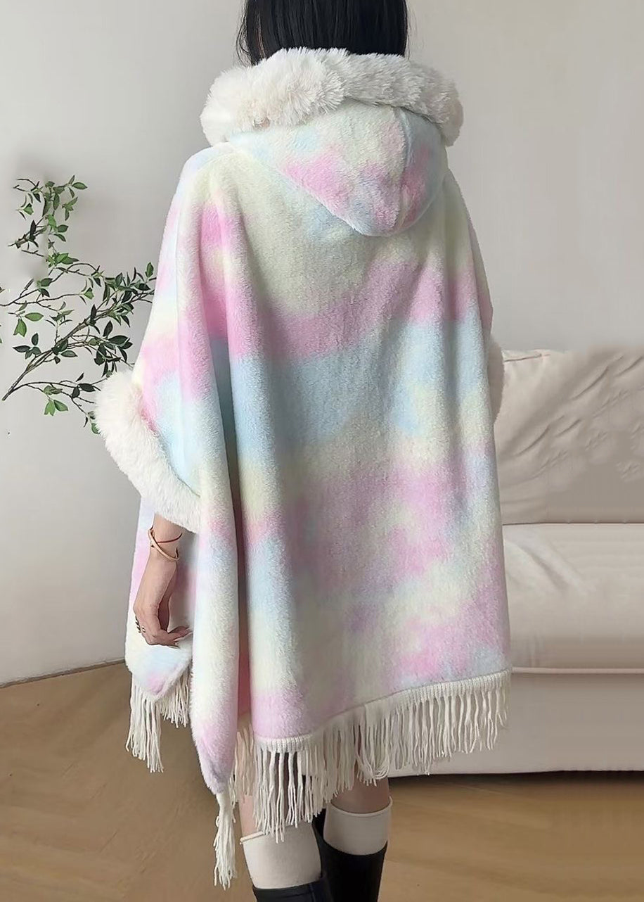 Art Pink Fur Collar Tasseled Warm Fleece Cape Coat Winter Rc002