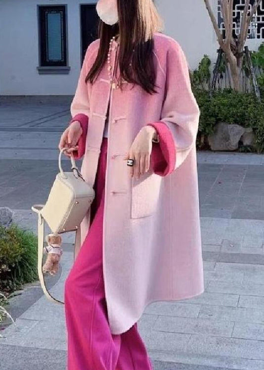 Art Pink Gradient Color Button Pockets Woolen Coat Winter Wm018