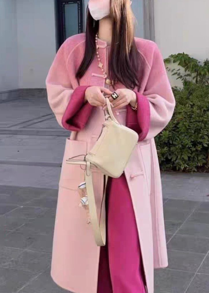 Art Pink Gradient Color Button Pockets Woolen Coat Winter Wm018