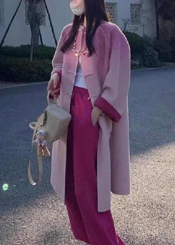 Art Pink Gradient Color Button Pockets Woolen Coat Winter Wm018