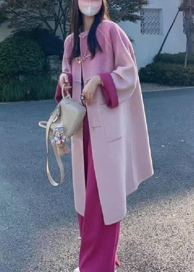 Art Pink Gradient Color Button Pockets Woolen Coat Winter Wm018