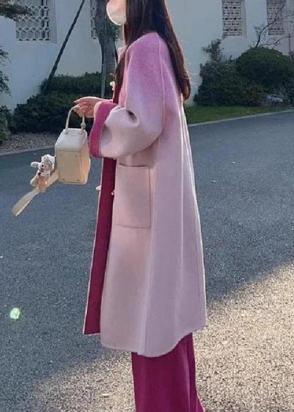 Art Pink Gradient Color Button Pockets Woolen Coat Winter Wm018