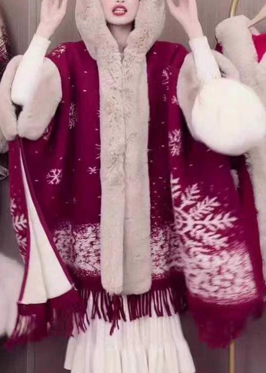 Art Pink Hooded Fur Collar Warm Fleece Cape Coats Batwing Sleeve Rc020
