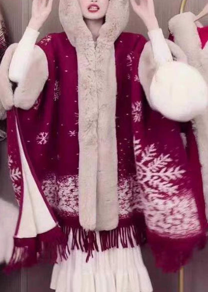 Art Pink Hooded Fur Collar Warm Fleece Cape Coats Batwing Sleeve Rc020