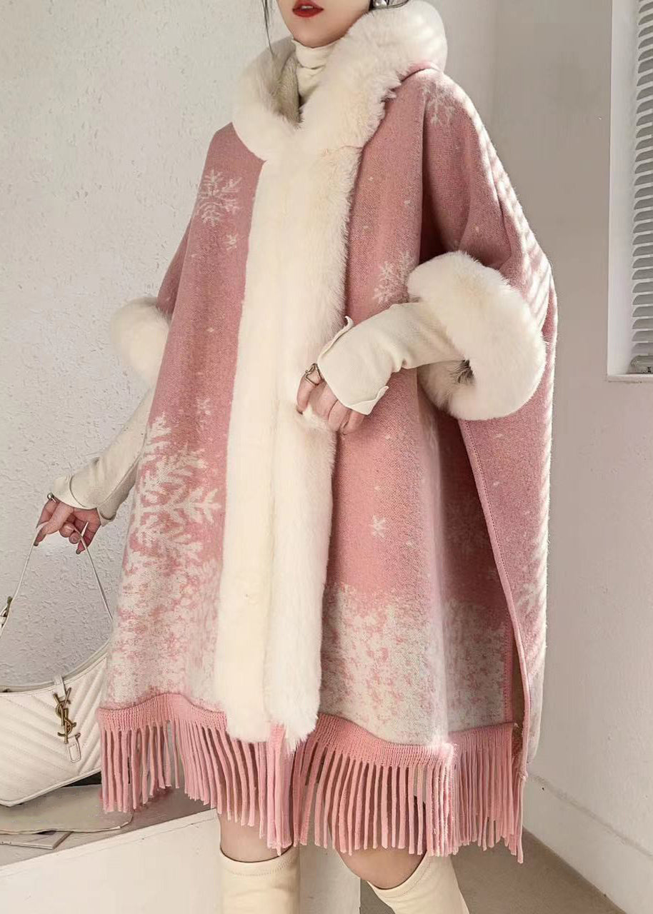 Art Pink Hooded Fur Collar Warm Fleece Cape Coats Batwing Sleeve Rc020