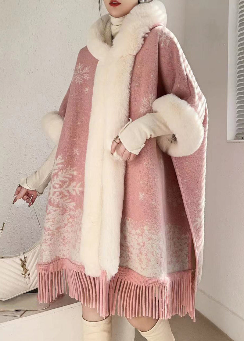 Art Pink Hooded Fur Collar Warm Fleece Cape Coats Batwing Sleeve Rc020