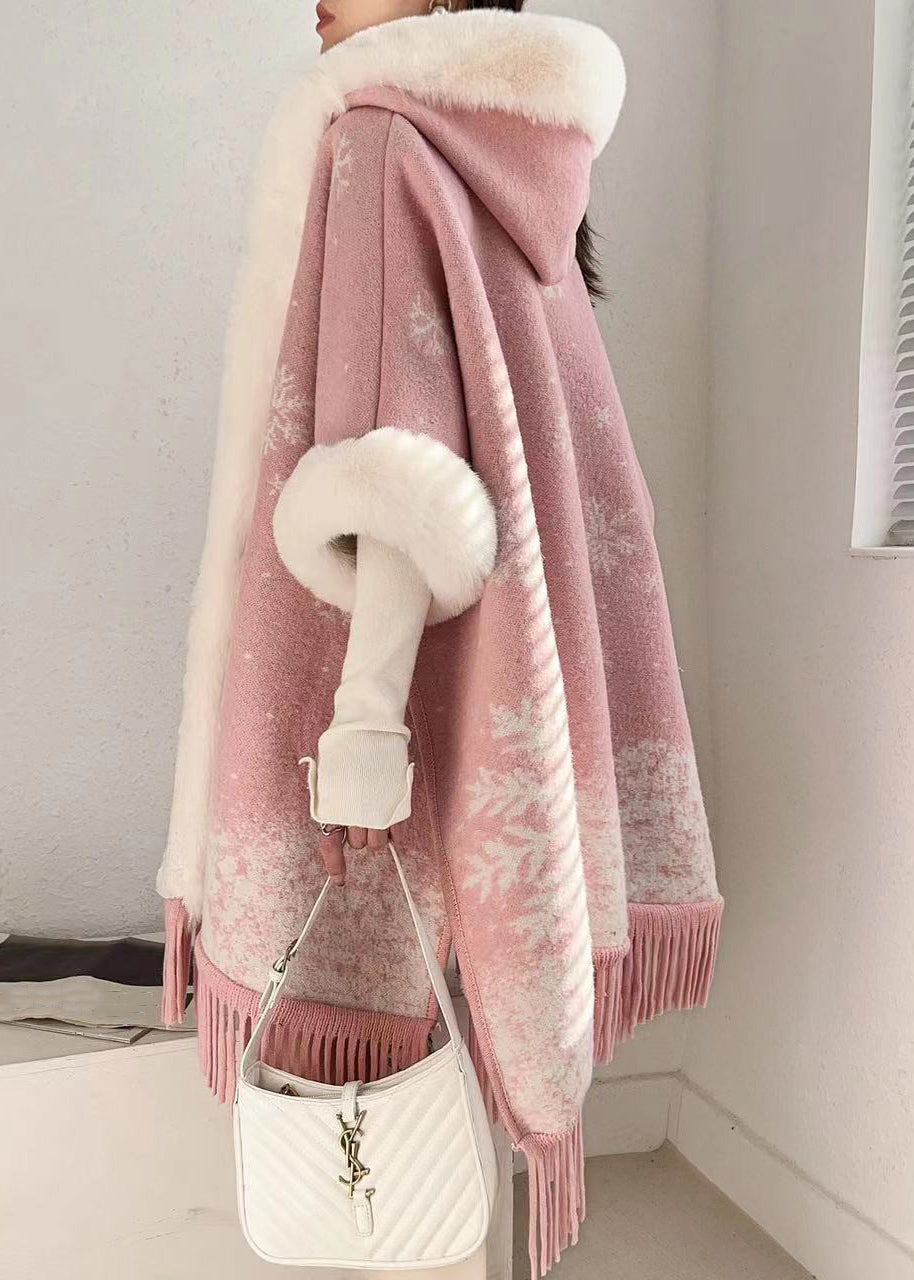 Art Pink Hooded Fur Collar Warm Fleece Cape Coats Batwing Sleeve Rc020