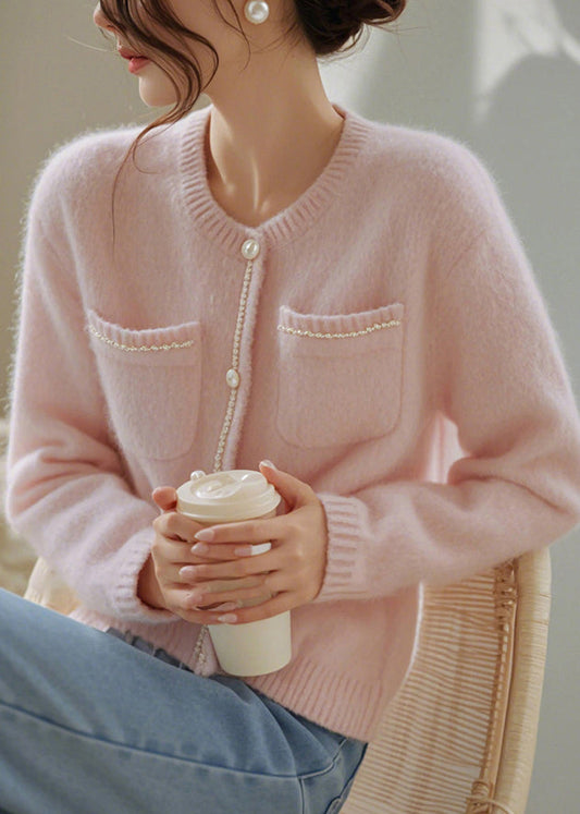 Art Pink O-neck Button Pockets Knit Cardigan Spring Tf018