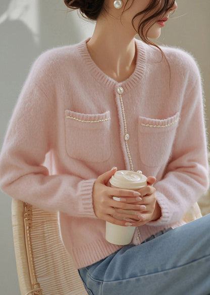 Art Pink O-neck Button Pockets Knit Cardigan Spring Tf018