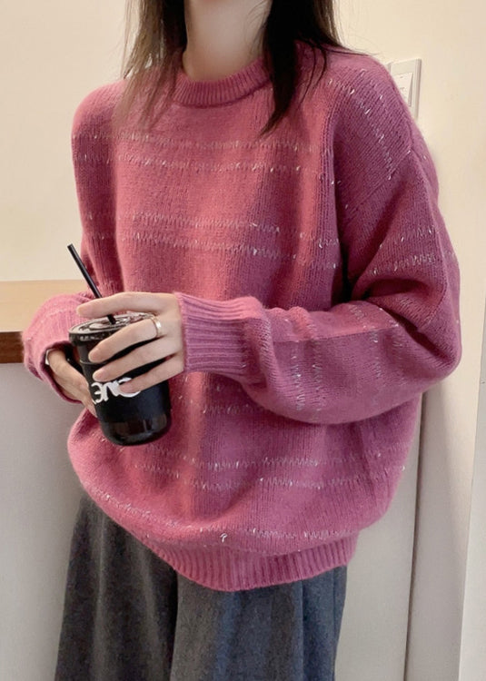 Art Pink O Neck Cozy Cotton Knit Sweater Fall Qx029