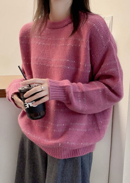 Art Pink O Neck Cozy Cotton Knit Sweater Fall Qx029