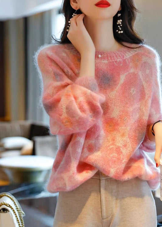Art Pink O Neck Cozy Cotton Knit Sweaters Spring Tf043