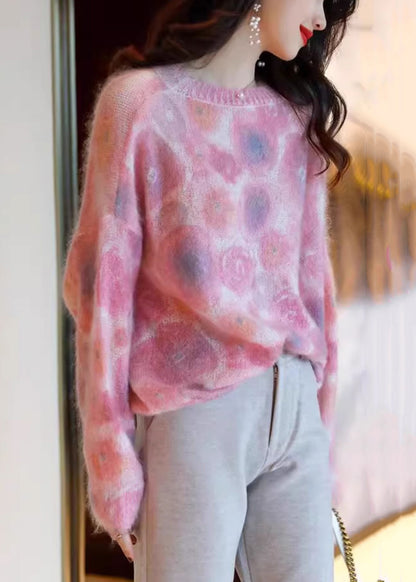 Art Pink O Neck Cozy Cotton Knit Sweaters Spring Tf043