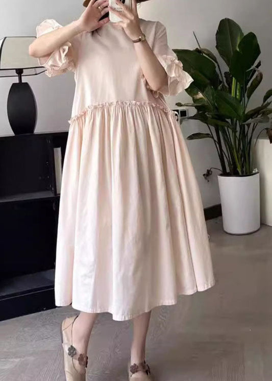 Art Pink O-neck Wrinkled Long Dresses Summer Bv031