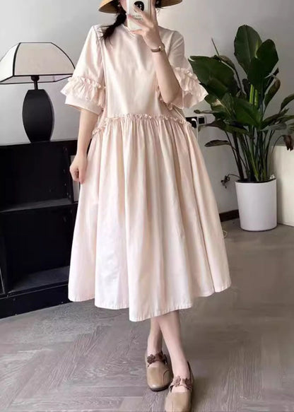 Art Pink O-neck Wrinkled Long Dresses Summer Bv031