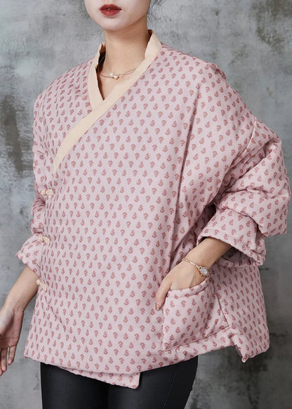 Art Pink Print Chinese Button Fine Cotton Filled Coat Spring Jk1049