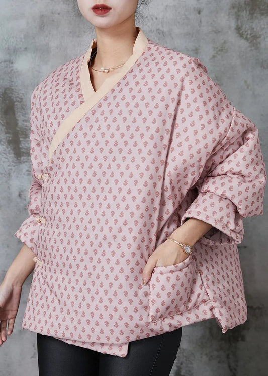 Art Pink Print Chinese Button Fine Cotton Filled Coat Spring Jk1049
