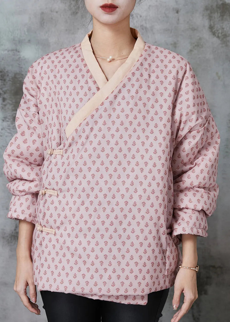 Art Pink Print Chinese Button Fine Cotton Filled Coat Spring Jk1049