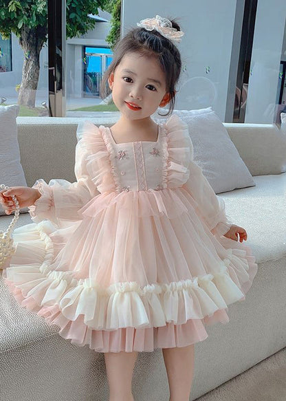 Art Pink Square Collar Embroideried Tulle Long Dresses Long Sleeve Xz002