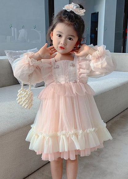 Art Pink Square Collar Embroideried Tulle Long Dresses Long Sleeve Xz002