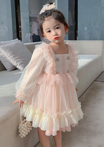 Art Pink Square Collar Embroideried Tulle Long Dresses Long Sleeve Xz002