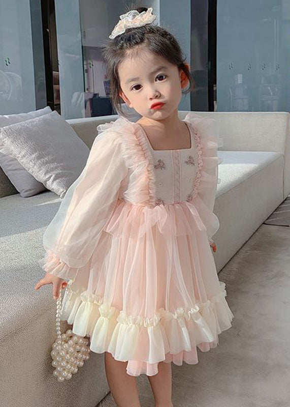 Art Pink Square Collar Embroideried Tulle Long Dresses Long Sleeve Xz002