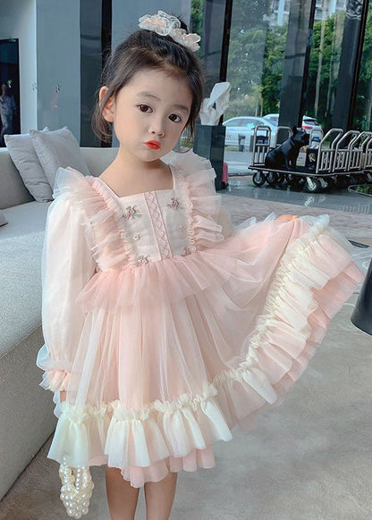Art Pink Square Collar Embroideried Tulle Long Dresses Long Sleeve Xz002