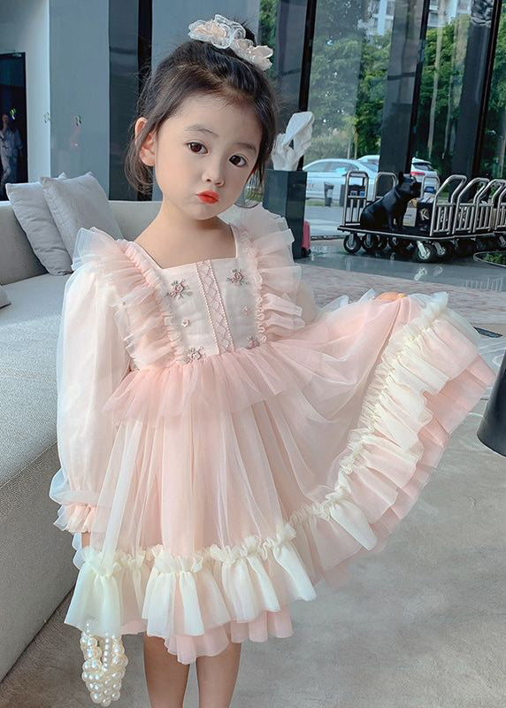 Art Pink Square Collar Embroideried Tulle Long Dresses Long Sleeve Xz002