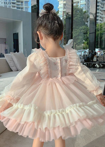 Art Pink Square Collar Embroideried Tulle Long Dresses Long Sleeve Xz002