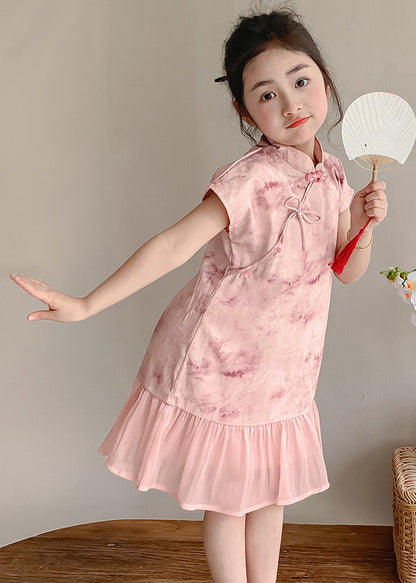 Art Pink Stand Collar Print Patchwork Kids Maxi Dress Short Sleeve Mn021