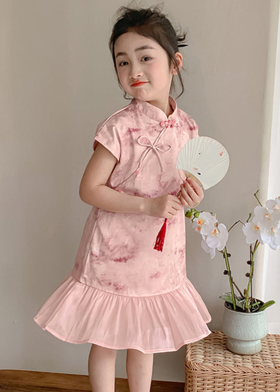 Art Pink Stand Collar Print Patchwork Kids Maxi Dress Short Sleeve Mn021