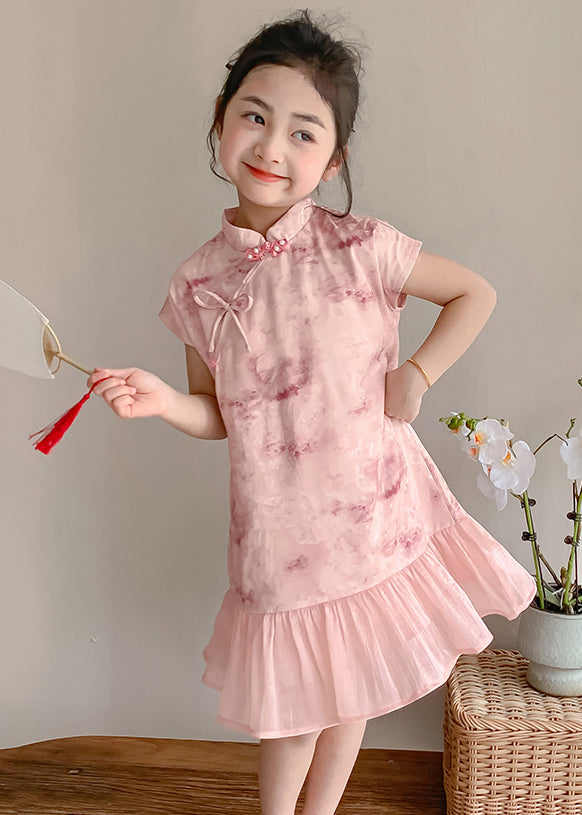 Art Pink Stand Collar Print Patchwork Kids Maxi Dress Short Sleeve Mn021