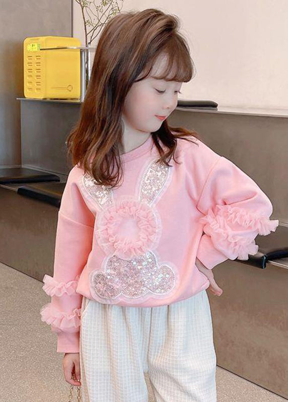 Art Pink Tulle Patchwork Little Rabbit Sequins Kids Sweatshirts Top Fall Qv050