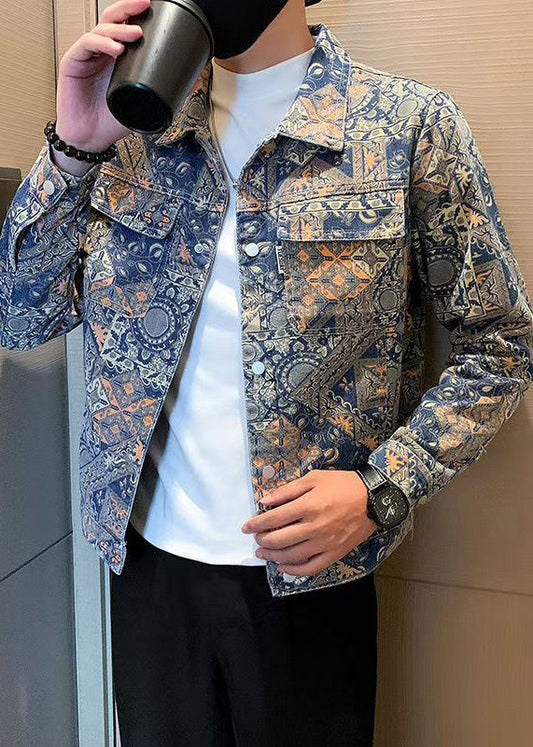 Art Print Button Pockets Denim Coats Fall Wa031